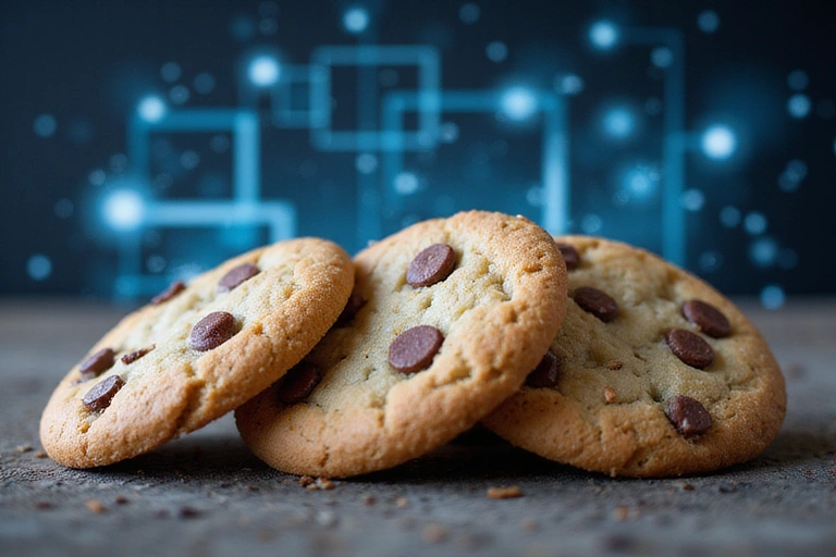 Grafika przedstawiająca ciasteczka, symbolizujące pliki cookies, z elementami cyfrowymi w tle.