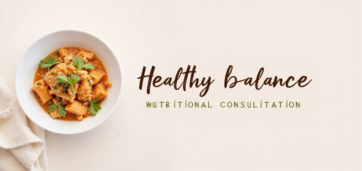 Abstrakcyjny obraz symbolizujący różne aspekty usług żywieniowych i zdrowotnych, z subtelnymi ikonami balansu i wzrostu.