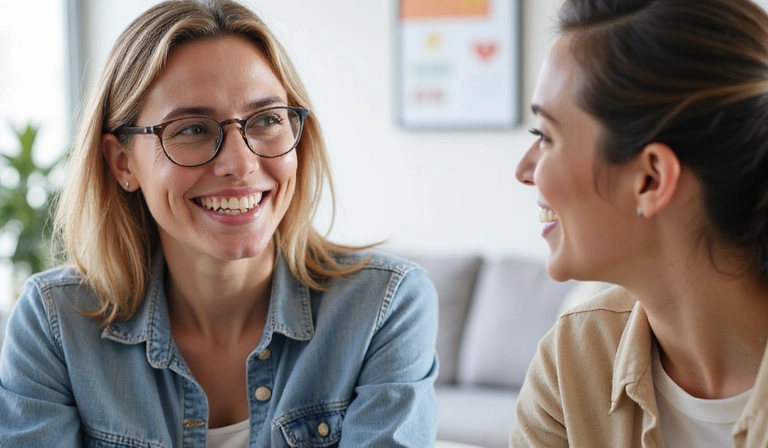 Dwójka ludzi uśmiechająca się i rozmawiająca, symbolizująca wsparcie i postępy w procesie zmiany.